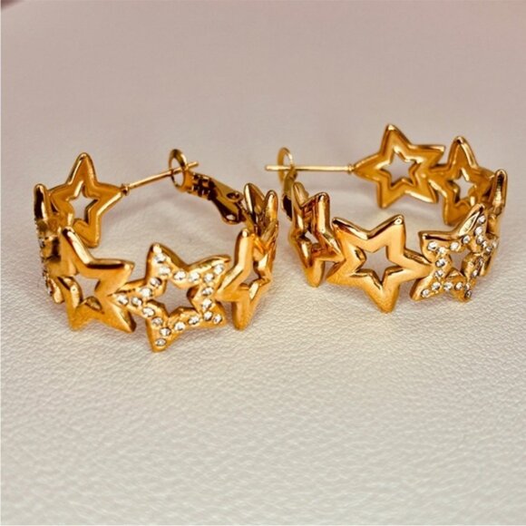 Free People Gold Star Pave CZ Statement Chunky Hoop Earrings - Picture 3 of 4